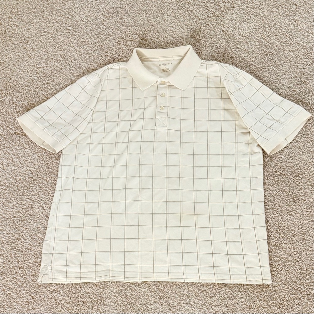 Vintage Van Heusen Polo Shirt Size Large Cream Grid Preppy Quiet Luxury